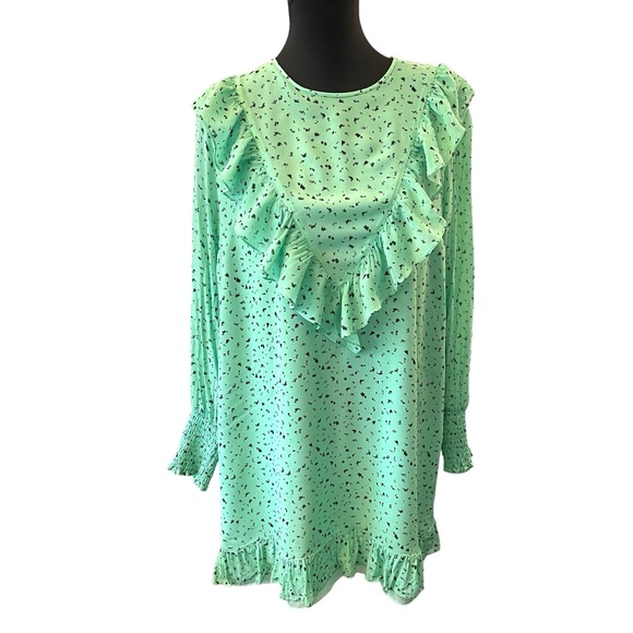 Aritzia Little Moon Mint Green/Black Pattern Long Sleeve Ruffle Dress (L) - Picture 5 of 16